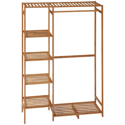 Natural Bamboo Clothes Rack for Bedroom Garment Rack with 6-Tier Storage Shelf Hanging Rod Clothes Rail for Living Room Entryway