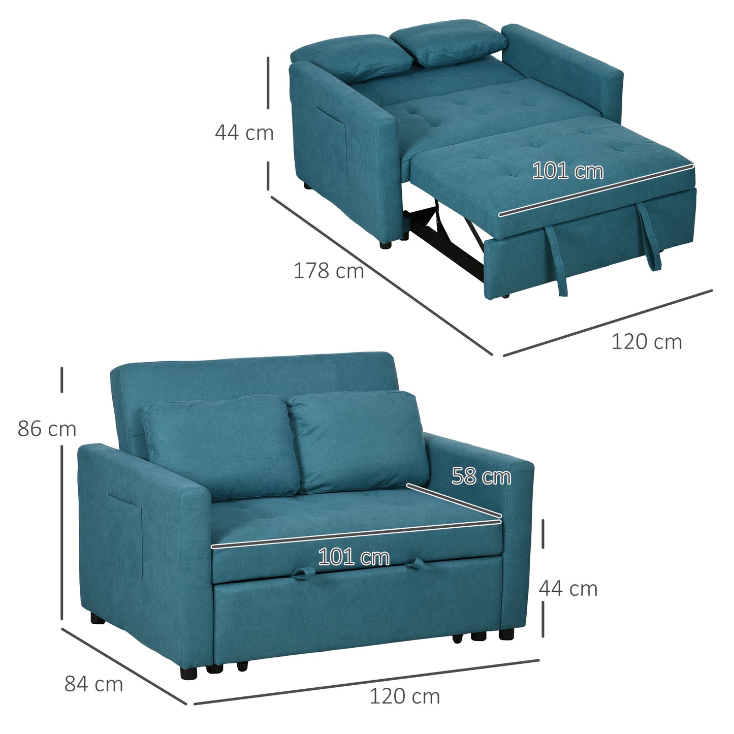 Loveseat Sofa Bed, Convertible Bed Settee with 2 Cushions, Side Pockets for Living Room, Blue