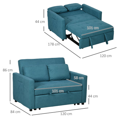 Loveseat Sofa Bed, Convertible Bed Settee with 2 Cushions, Side Pockets for Living Room, Blue
