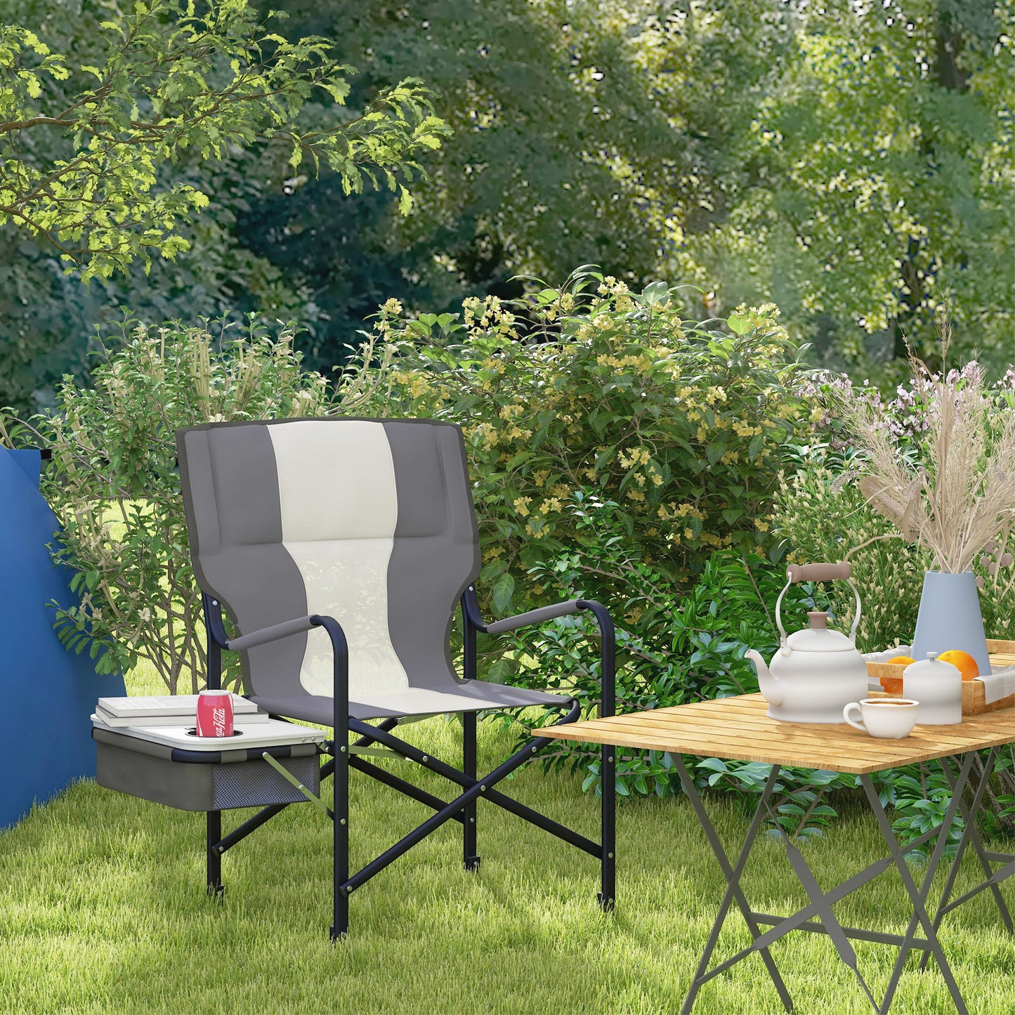 Outsunny Aluminium Directors Chair, Folding Camping Chair for Adults with Side Table, Cup Holder, Cooler Bag and Pocket, Grey