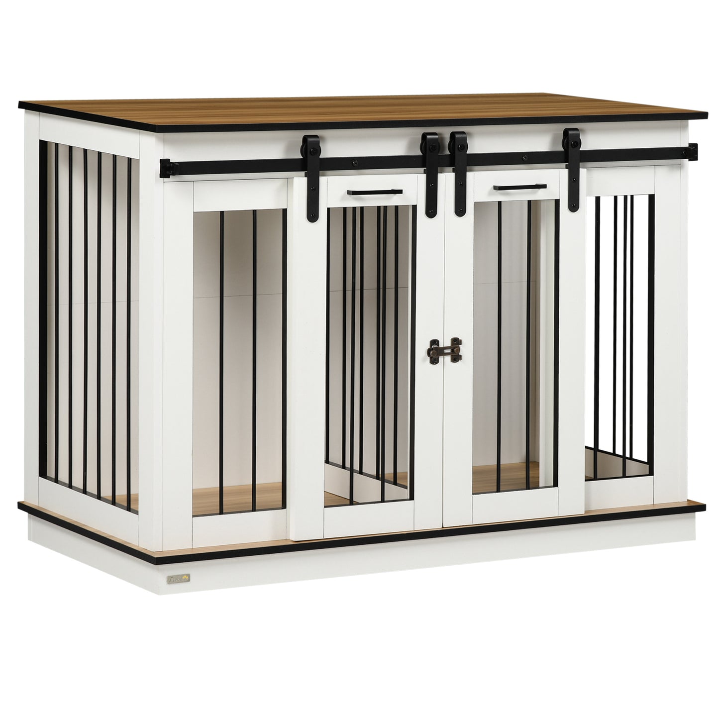 Dog Crate Furniture Side Table | Removable Divider | Double Sliding Doors | Large Dog or 2 Small Dogs | 120 x 60 x 88.5cm | White & Oak