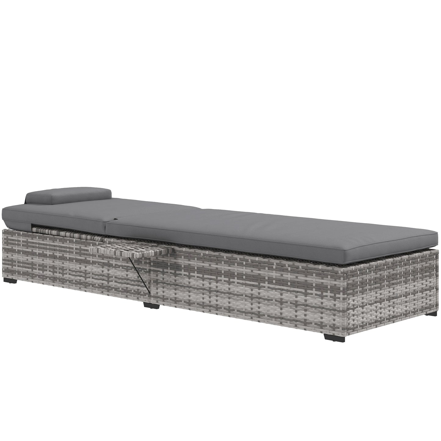 Outdoor Patio PE Rattan Sun Lounger With Cushion, 5-Level Reclining Wicker Rattan With Tea Tray, for Poolside, Patio, Deck - Grey