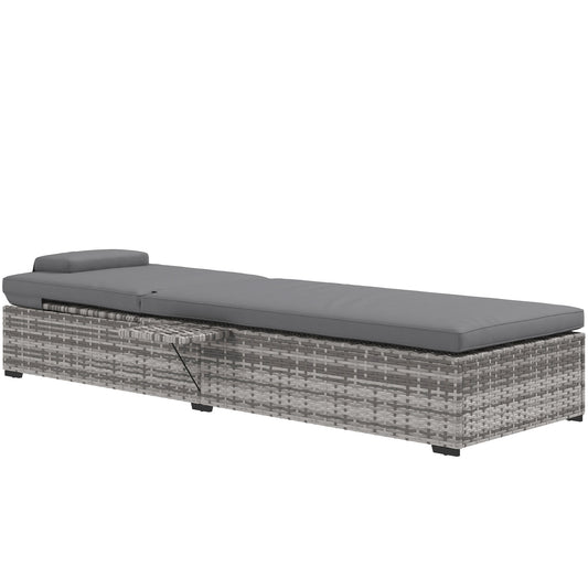 Outdoor Patio PE Rattan Sun Lounger With Cushion, 5-Level Reclining Wicker Rattan With Tea Tray, for Poolside, Patio, Deck - Grey