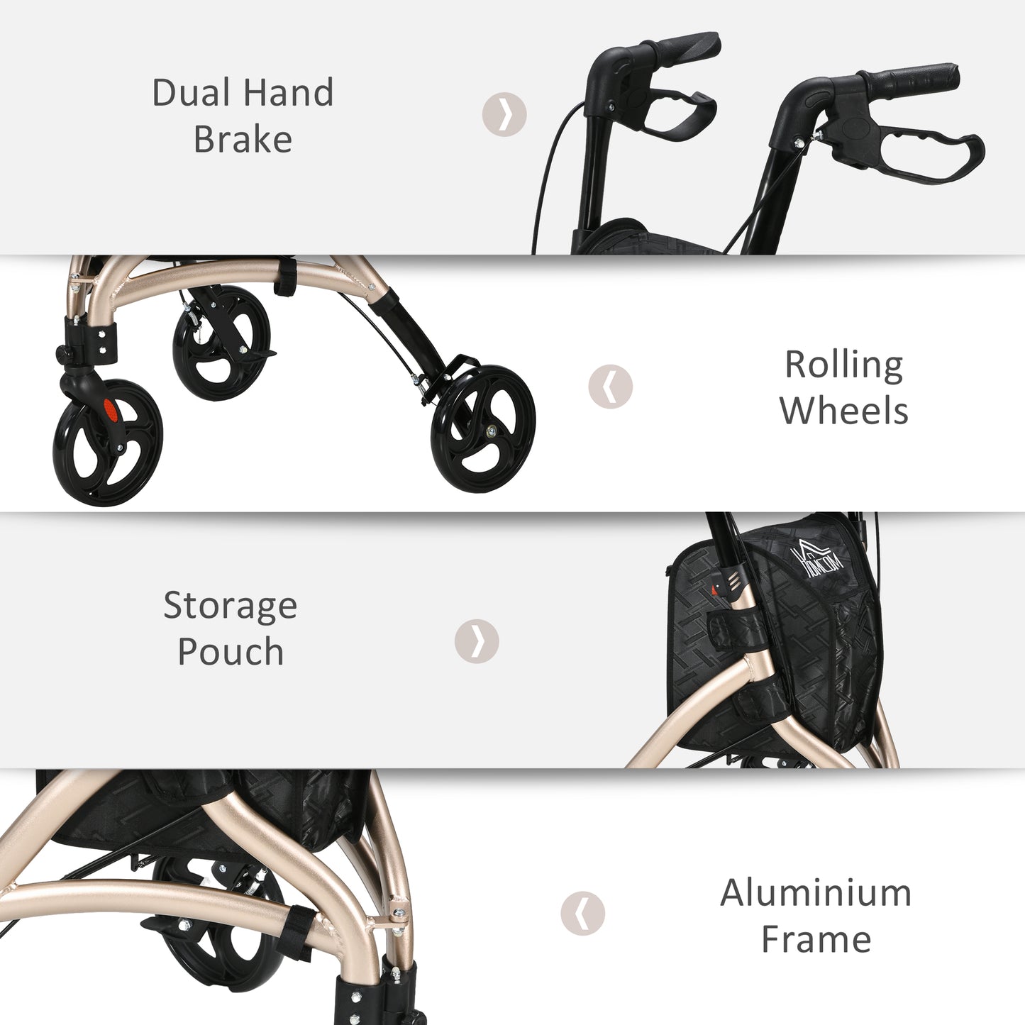 3 Wheel Rollator Lightweight Aluminium Tri Walker With Adjustable Handle, Storage Bag And Dual Brakes, Folding, 5.3kg, Gold Tone