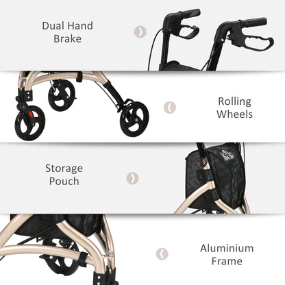 3 Wheel Rollator Lightweight Aluminium Tri Walker With Adjustable Handle, Storage Bag And Dual Brakes, Folding, 5.3kg, Gold Tone