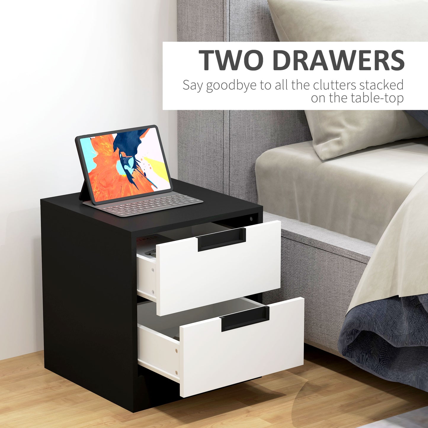 Bedside Tables Set of 2, Nightstands with 2 Drawers, Modern Bedside Cabinets with Storage for Bedroom, Living Room, White and Black