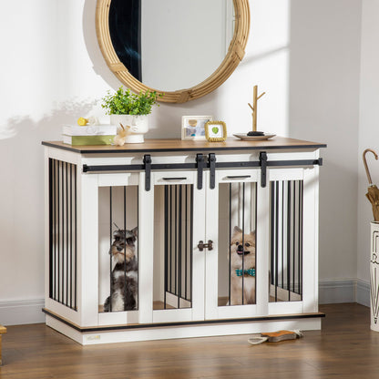 Dog Crate Furniture Side Table | Removable Divider | Double Sliding Doors | Large Dog or 2 Small Dogs | 120 x 60 x 88.5cm | White & Oak