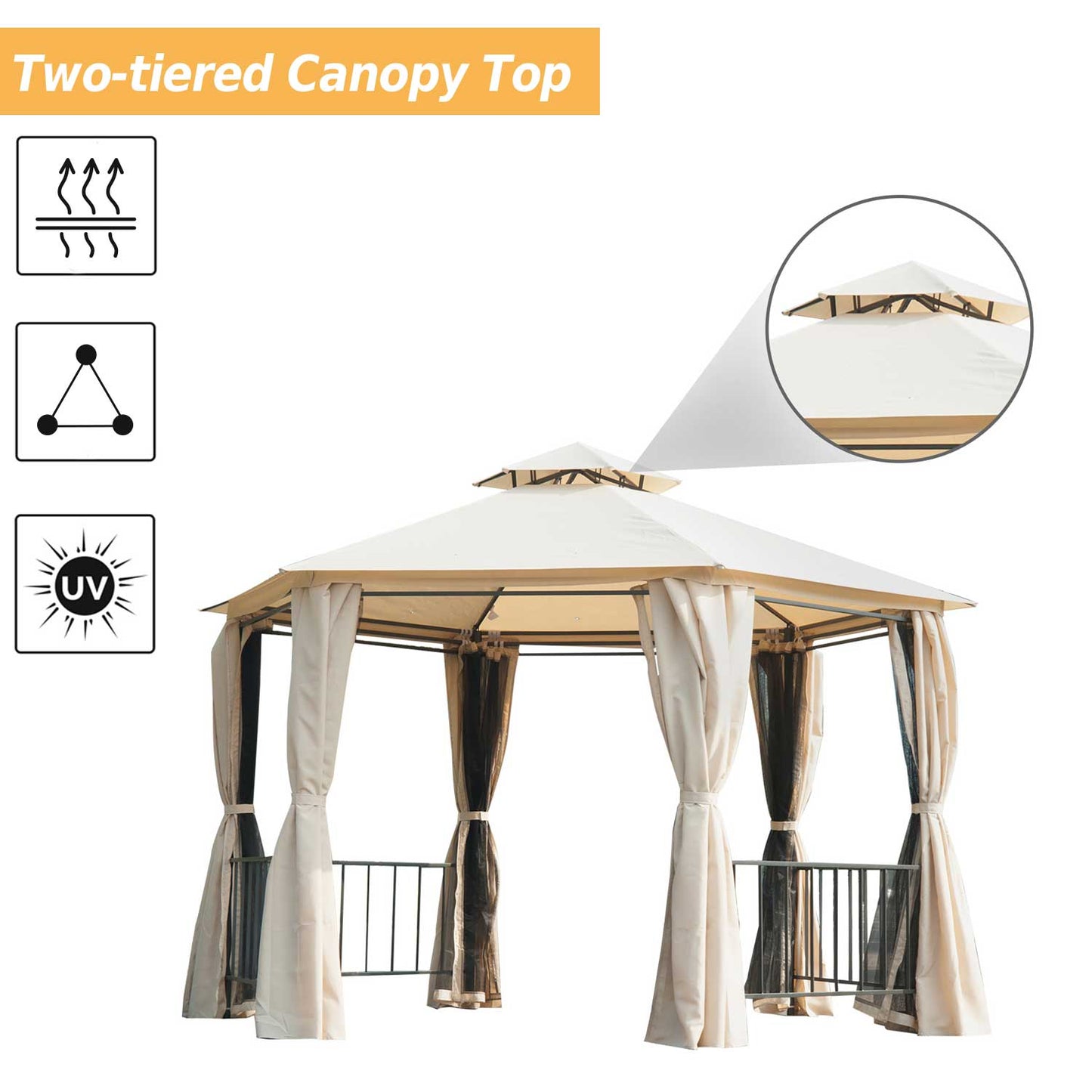 Outsunny Hexagon Gazebo Patio Canopy Party Tent Outdoor Garden Shelter w/ 2 Tier Roof & Side Panel - Beige