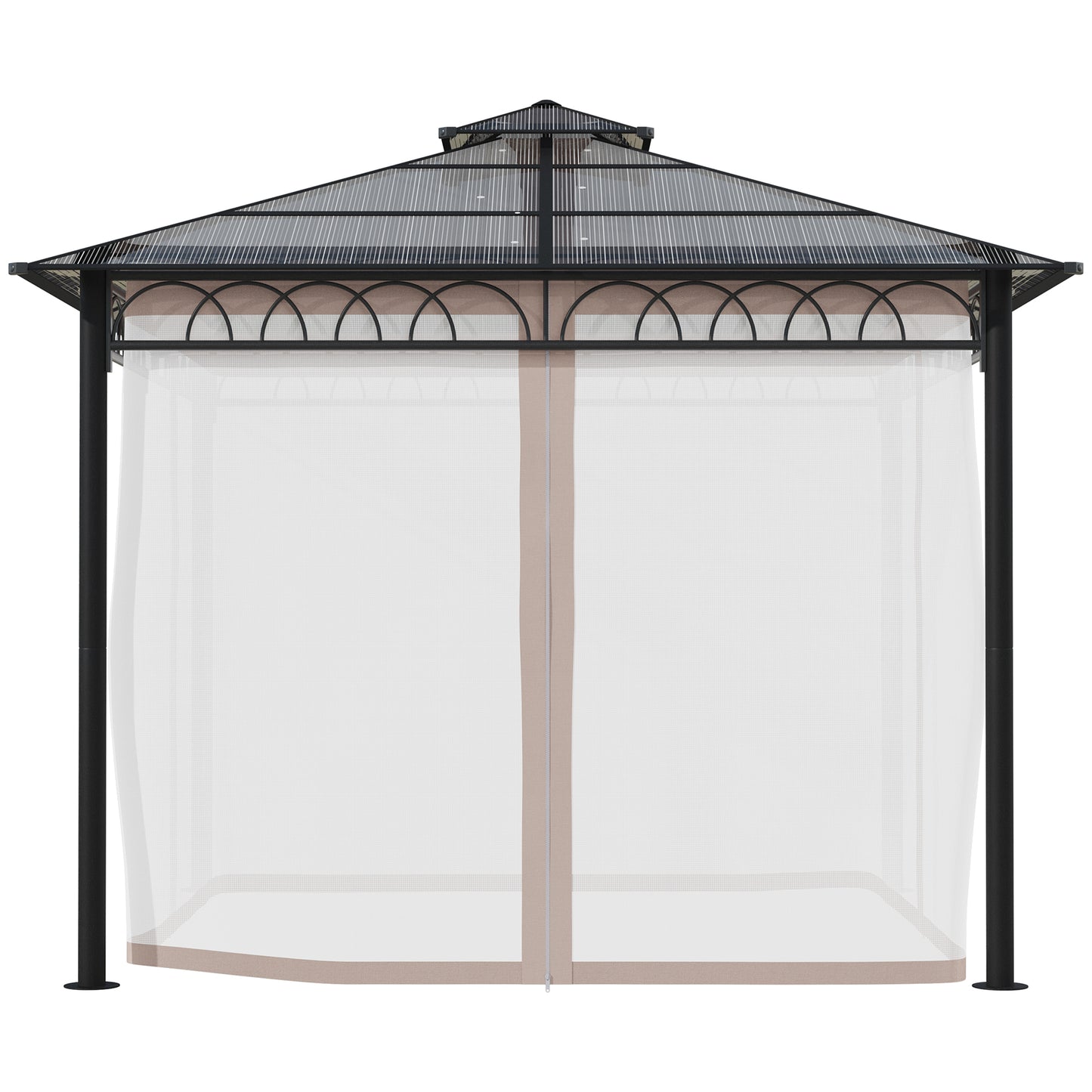 Outsunny 3 x 3 (m) Outdoor Polycarbonate Gazebo, Double Roof Hard Top Gazebo with Galvanized Steel Frame, Nettings & Curtains