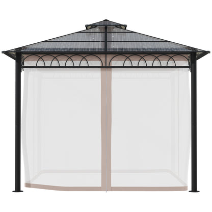 Outsunny 3 x 3 (m) Outdoor Polycarbonate Gazebo, Double Roof Hard Top Gazebo with Galvanized Steel Frame, Nettings & Curtains