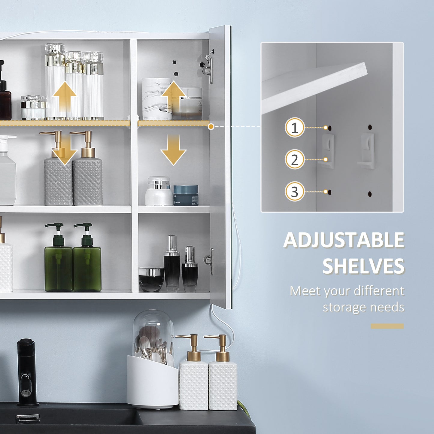 Kleankin Wall Mounted Bathroom Cabinet w/ LED Lights, Illuminated Bathroom Mirror Cabinet w/ Adjustable Shelf, Touch Switch, USB Charge, White