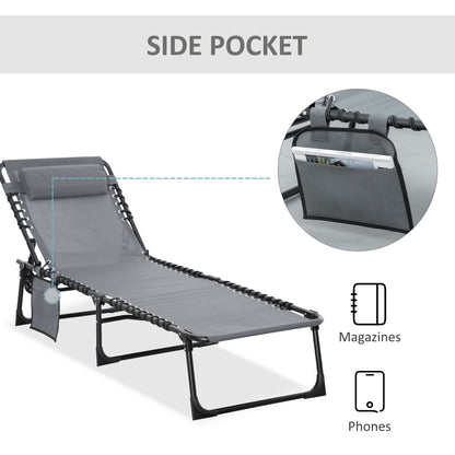 Outsunny Portable Sun Lounger, Folding , Reclining Lounge Chair 5-position Adjustable Backrest with Pillow for Patio Beach Pool, Grey