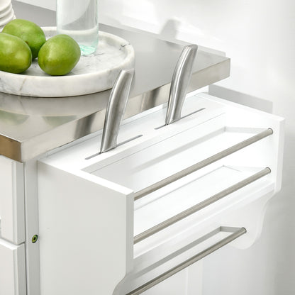 Wooden Freestanding Kitchen Island on Wheels, Serving Cart Storage Trolley with Stainless Steel Top, Drawer, Side Handle and Rack