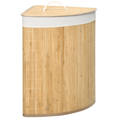 Bamboo Laundry Basket with Lid, 55 Litres Laundry Hamper with Removable Washable Lining,  Corner Washing Baskets, 38 x 38 x 57cm, Natural