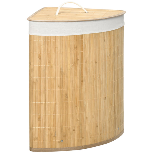 Bamboo Laundry Basket with Lid, 55 Litres Laundry Hamper with Removable Washable Lining,  Corner Washing Baskets, 38 x 38 x 57cm, Natural