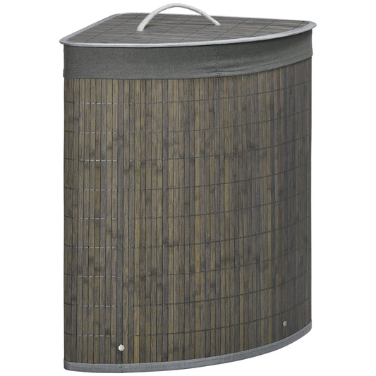 Bamboo Laundry Basket with Lid, 55 Litres Laundry Hamper with Removable Washable Lining,  Corner Washing Baskets, 38 x 38 x 57cm, Grey