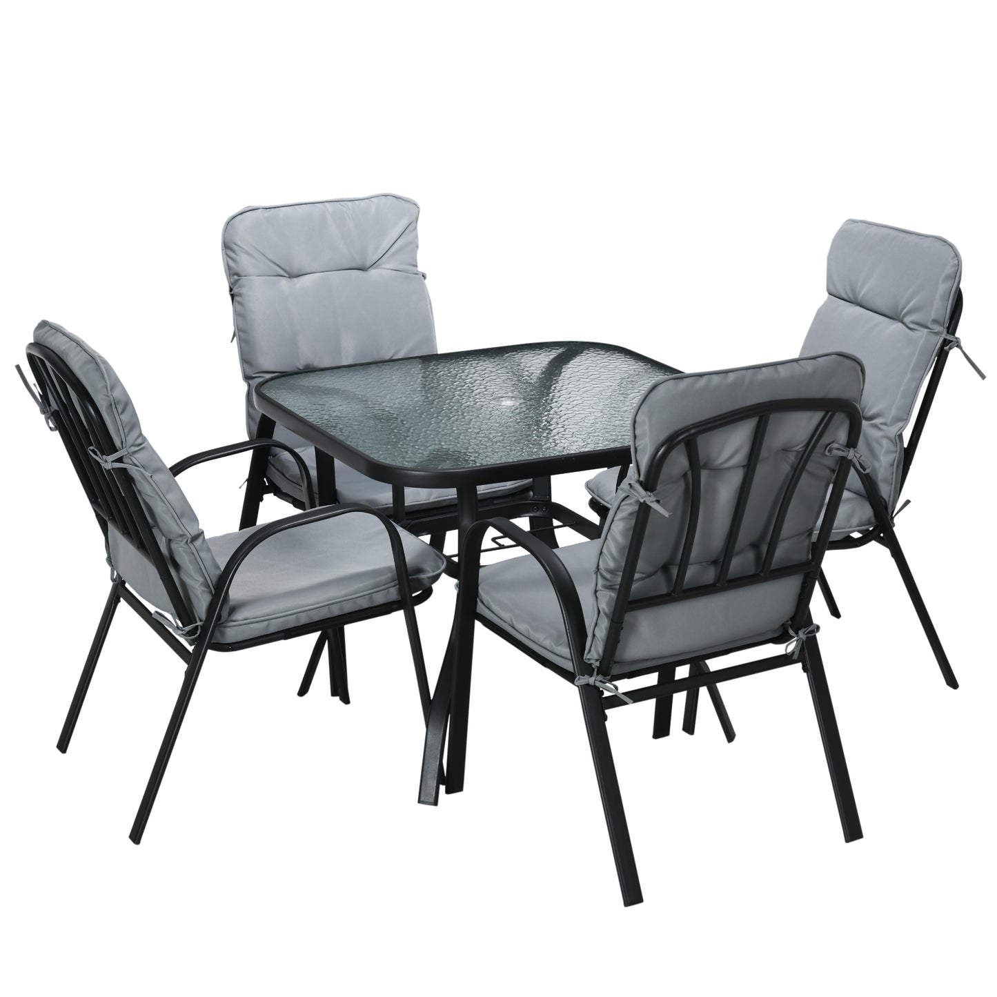 Outsunny 5 Piece Garden Dining Set, Outdoor Square Dining Table and 4 Cushioned Armchairs, Tempered Glass Top Table w/ Umbrella Hole Black