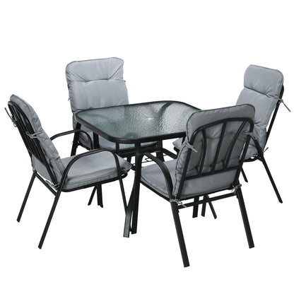 Outsunny 5 Piece Garden Dining Set, Outdoor Square Dining Table and 4 Cushioned Armchairs, Tempered Glass Top Table w/ Umbrella Hole Black