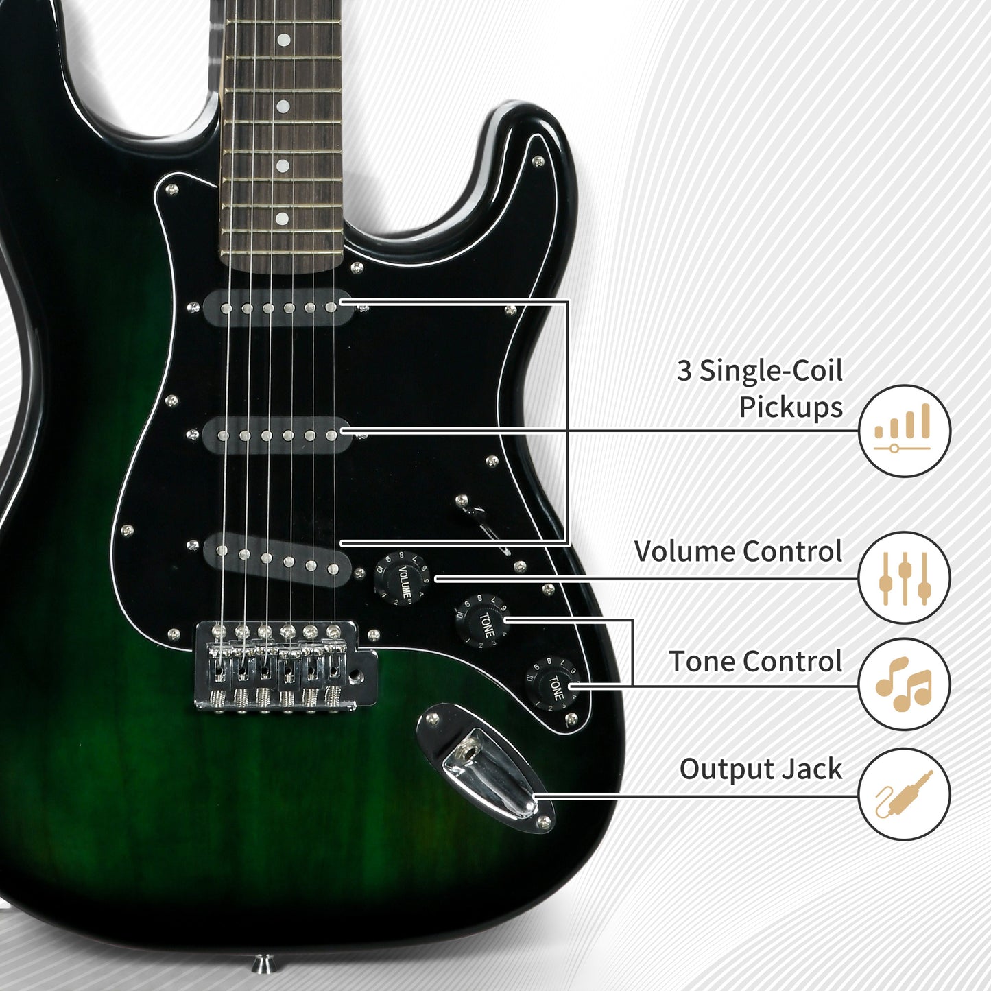 SPORTNOW 6 String Electric Guitar, Right Handed, with 20w Amp, Digital Tuner, Spare Strings, Picks, Shoulder Strap, and Case Bag, Black Green