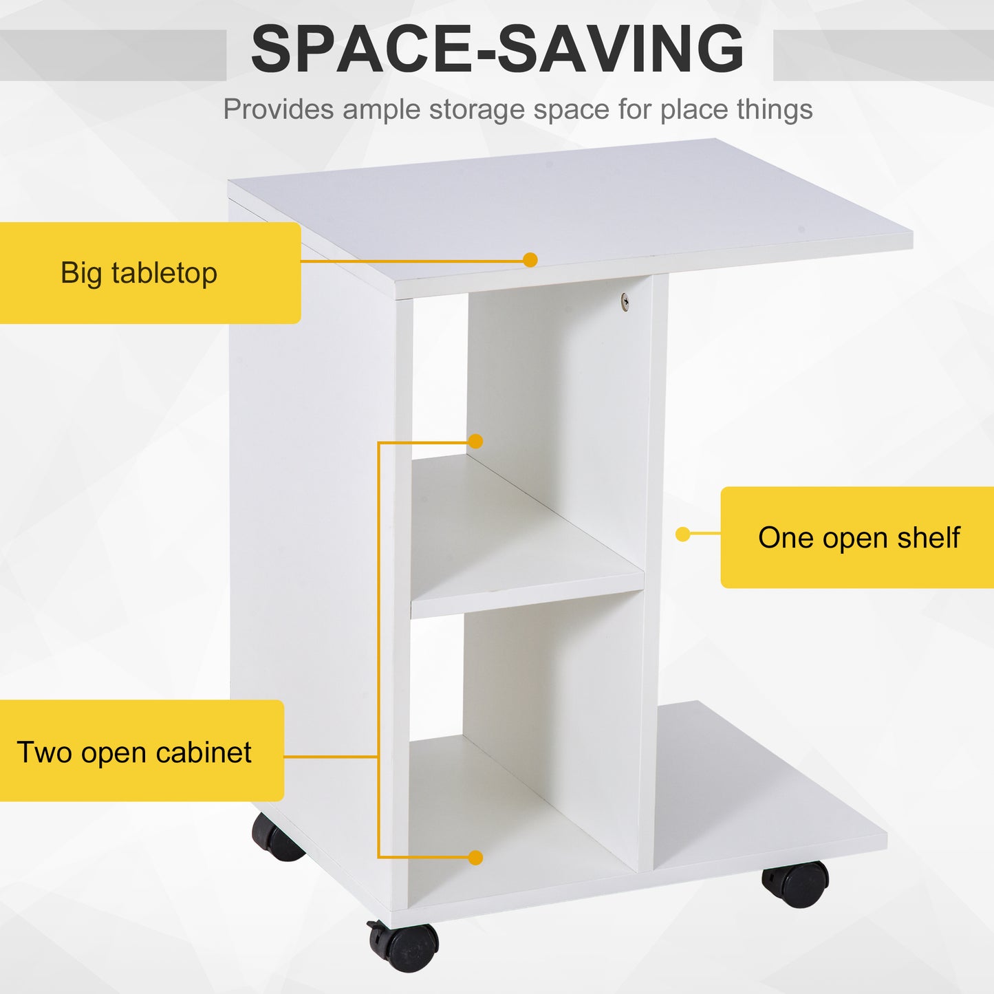 C - Shape End Table Unique Storage Unit w/ 2 Shelves 4 Wheels Freestanding Home Office Furniture Cabinet Square Studio White