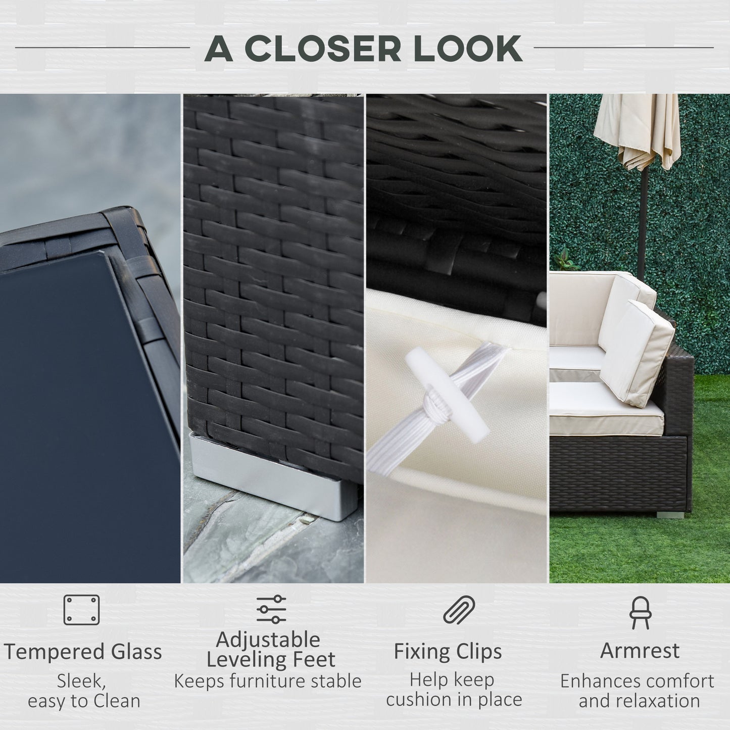 Outsunny 7 Piece Garden Rattan Furniture Set Outdoor Sectional Wicker Weave Sofa Seat Coffee Table w/ Cushion and Pillow Buckle Structure Dark Coffee