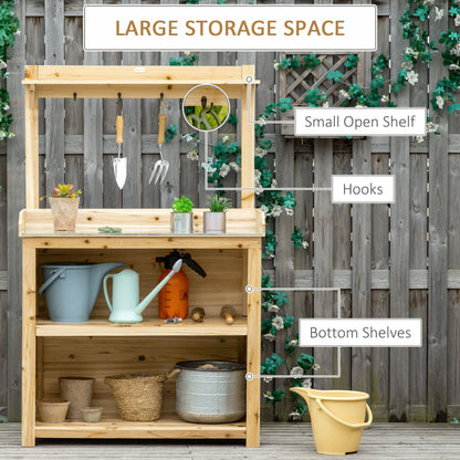 Outsunny Garden Potting Bench Table, Wooden Workstation Bench w/ Galvanized Metal Tabletop, Storage Shelves and Hooks, Natural