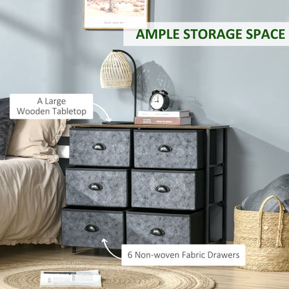 Chest of Drawer Fabric Dresser Storage Cabinet for Bedroom Night Stand with 6 Drawers Steel Frame Handles - Grey and Black