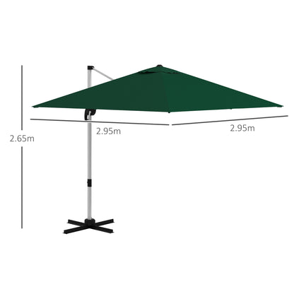 Outsunny 3 x 3(m) Square Cantilever Parasol with Cross Base, Crank Handle, Tilt, 360° Rotation and Aluminium Frame, Green