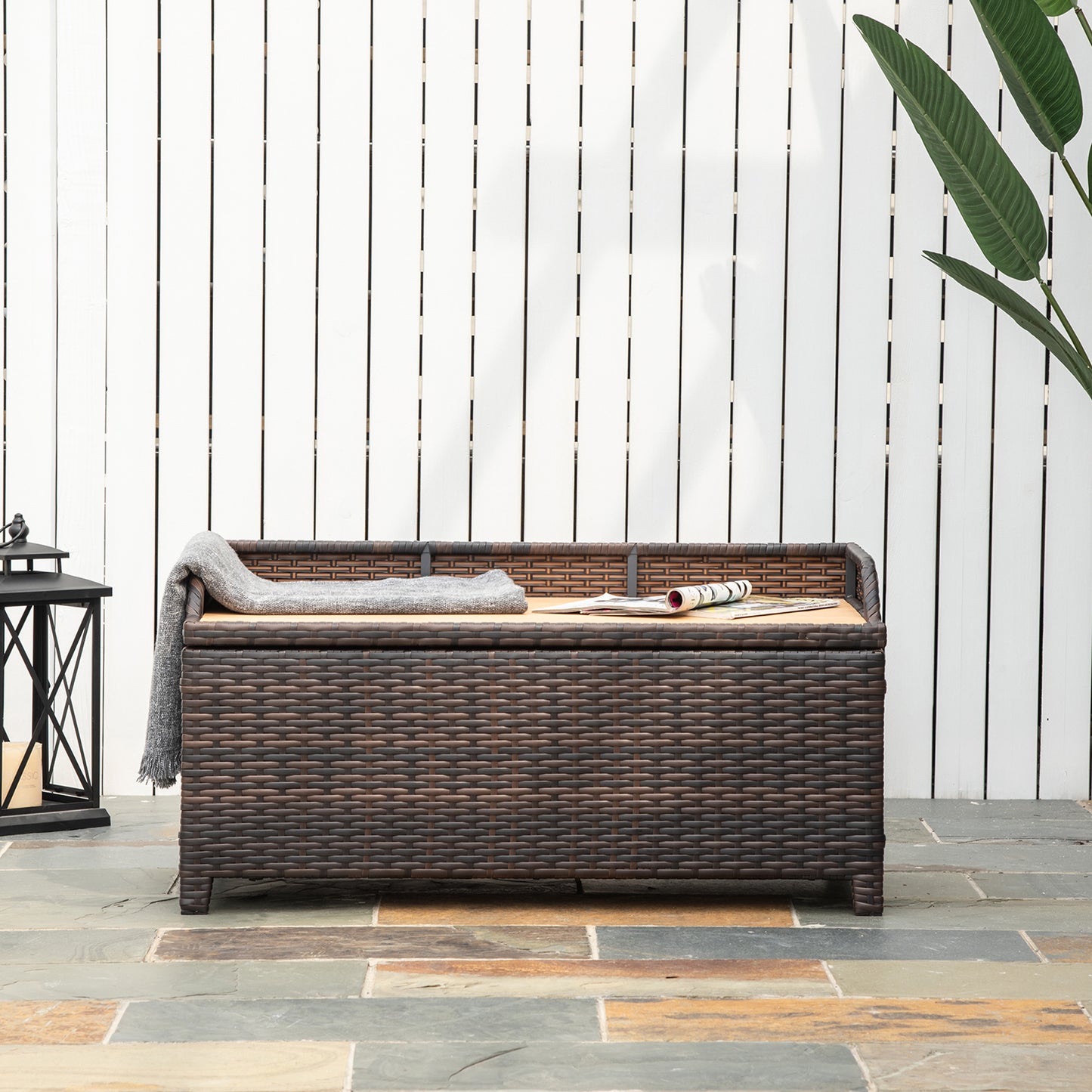 Outsunny Patio PE Rattan Wicker Storage Basket Box Bench Seat Furniture w/ Cushion Brown
