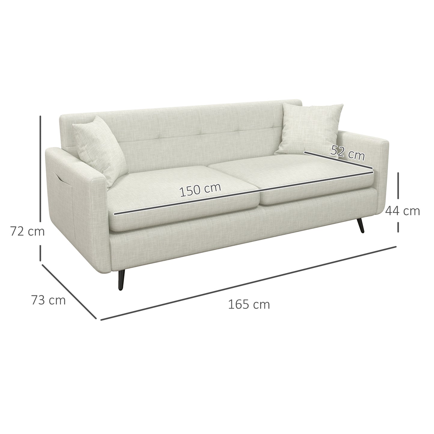 165cm 2 Seater Sofa for Living Room, Modern Fabric Couch, Tufted Loveseat Sofa Settee w/ Steel Legs, 2 Storage Pockets