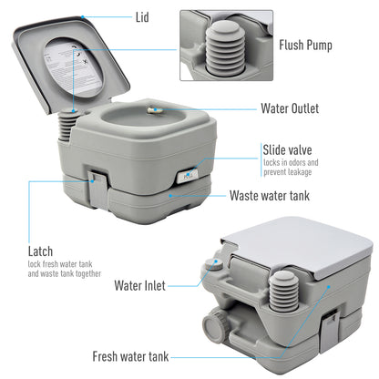 Portable Travel Toilet Outdoor Camping Picnic with 2 Detachable Tanks & Push-button Operation, Grey 10L