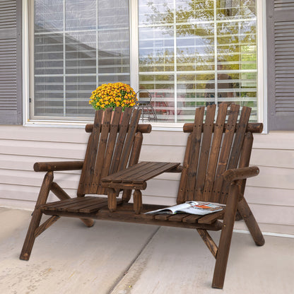 Outsunny Wood Patio Chair Bench 2 Seats with Center Coffee Table, Garden Loveseat Bench Backyard, Perfect for Lounging Relaxing Outdoors, Carbonized