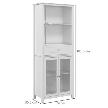 Kitchen Cupboard, Pantry Storage Cabinet w/ Tempered Glass Doors, Drawer, Open Shelf, Adjustable Shelves, 181.5 cm, White