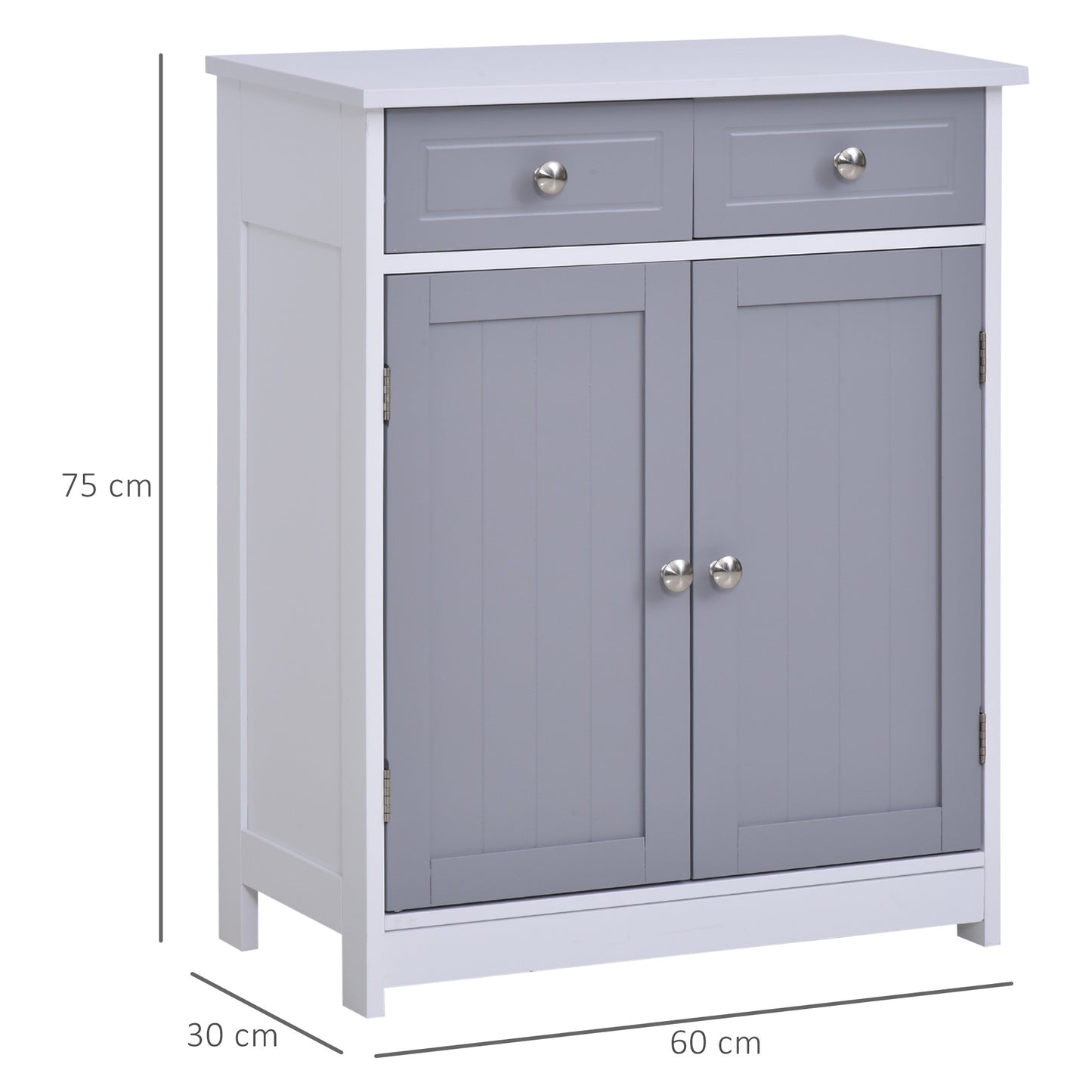 Kleankin Bathroom Storage Cabinet Free-Standing Bathroom Cabinet Unit w/ 2 Drawers Cupboard Adjustable Shelf Metal Handles 75x60cm - Grey and White