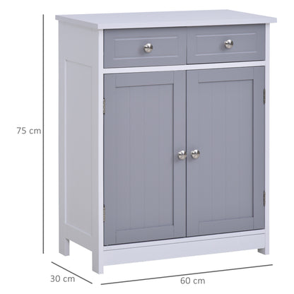 Kleankin Bathroom Storage Cabinet Free-Standing Bathroom Cabinet Unit w/ 2 Drawers Cupboard Adjustable Shelf Metal Handles 75x60cm - Grey and White