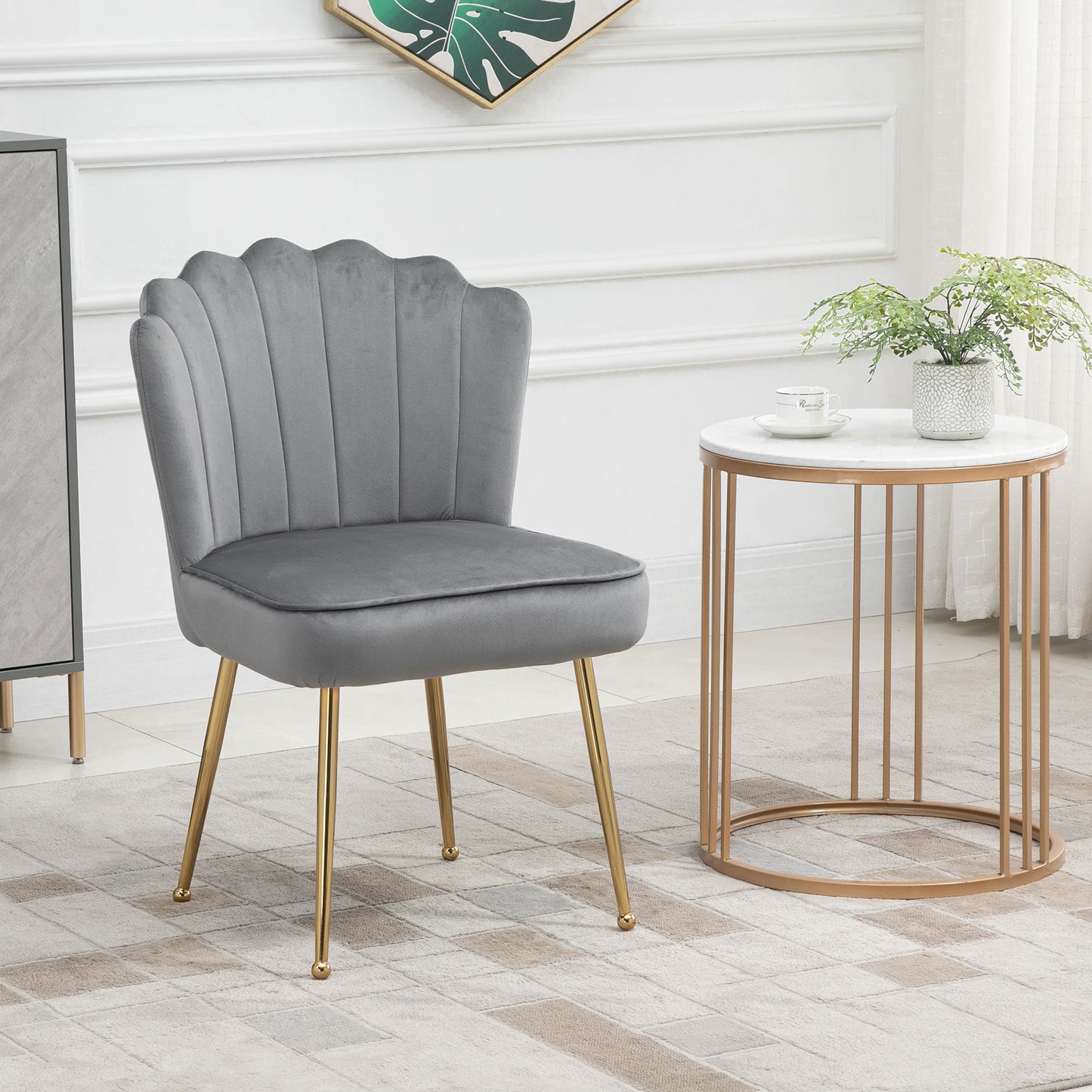 Retro Style Velvet-Feel Shell Luxe Accent Chair, Glam Vanity Chair Makeup Seat, Home Bedroom Lounge with Metal Legs Comfort Padding, Grey