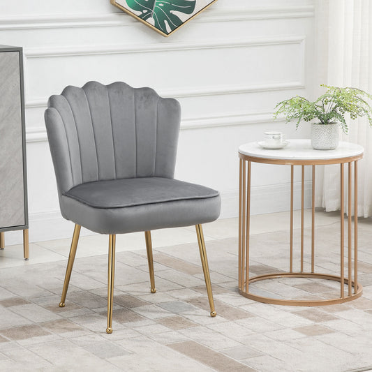 Retro Style Velvet-Feel Shell Luxe Accent Chair, Glam Vanity Chair Makeup Seat, Home Bedroom Lounge with Metal Legs Comfort Padding, Grey