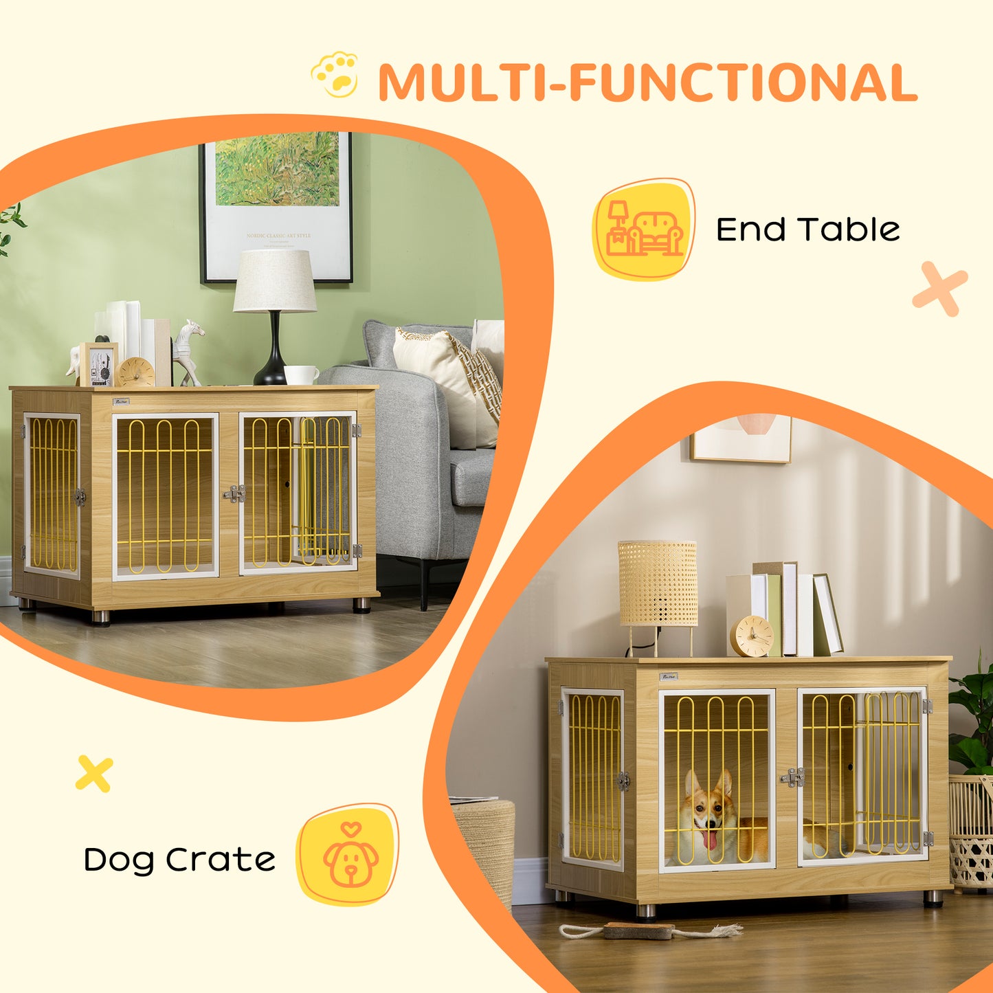 Dog Crate Furniture Side Table | Soft Cushion | Double Doors | Steel Wire Ventilation | Medium & Large Dogs up to 25kg | 90 x 58 x 65cm | Oak Tone & Beige