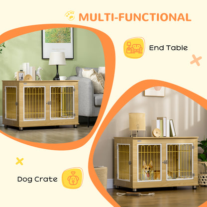 Dog Crate Furniture Side Table | Soft Cushion | Double Doors | Steel Wire Ventilation | Medium & Large Dogs up to 25kg | 90 x 58 x 65cm | Oak Tone & Beige