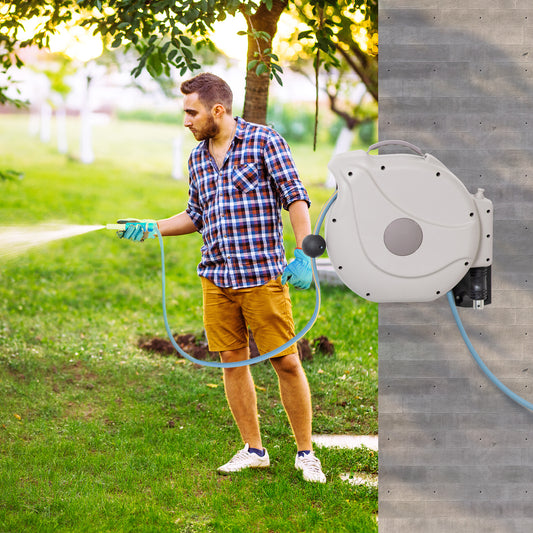 Outsunny Retractable Hose Reel w/ Any Length Lock, Auto Rewind Slow Return System, and 180° Swivel Wall Mounted Bracket, 10m+1.6m