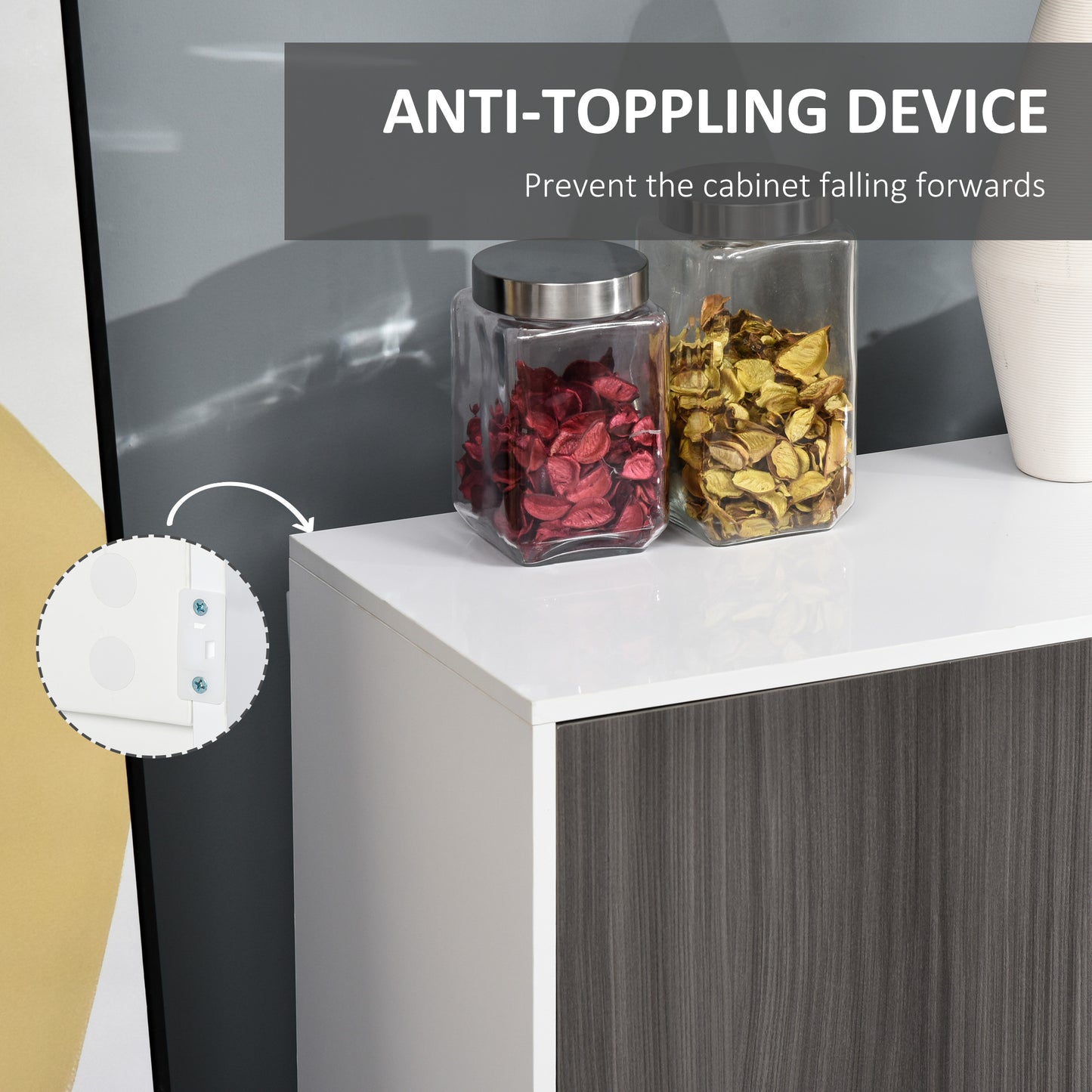 High Gloss Sideboard, Side Cabinet, Push-Open Design with 2 Drawer for Living Room, Bedroom, Light Grey and White