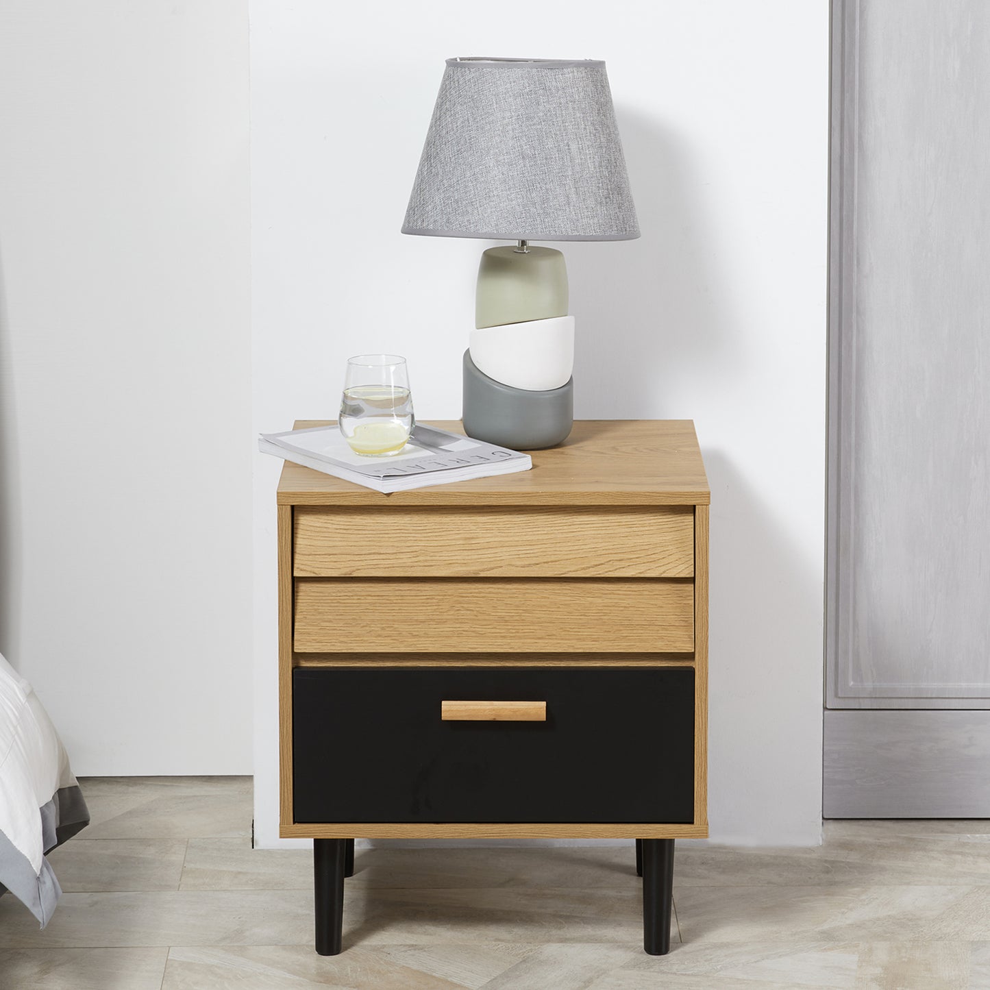 Bedside Table Cabinet Storage Chest with 2 Drawers Nordic Style for Bedroom Living Room Black