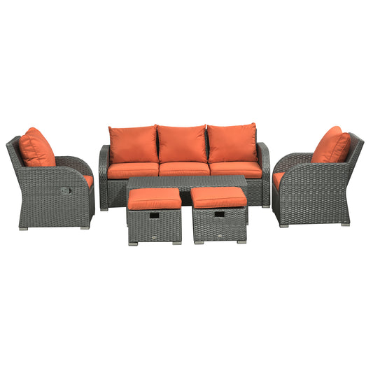 Outsunny 6 Piece Outdoor Rattan Wicker Furniture Set with 3-Seat Sofa, 2 Single Sofas, 2 Footstools and Coffee Table