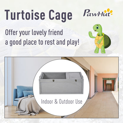 PawHut 94 cm Wooden Tortoise House Turtle Habitat Small Reptile Cage Enclosure with Two Room Grey