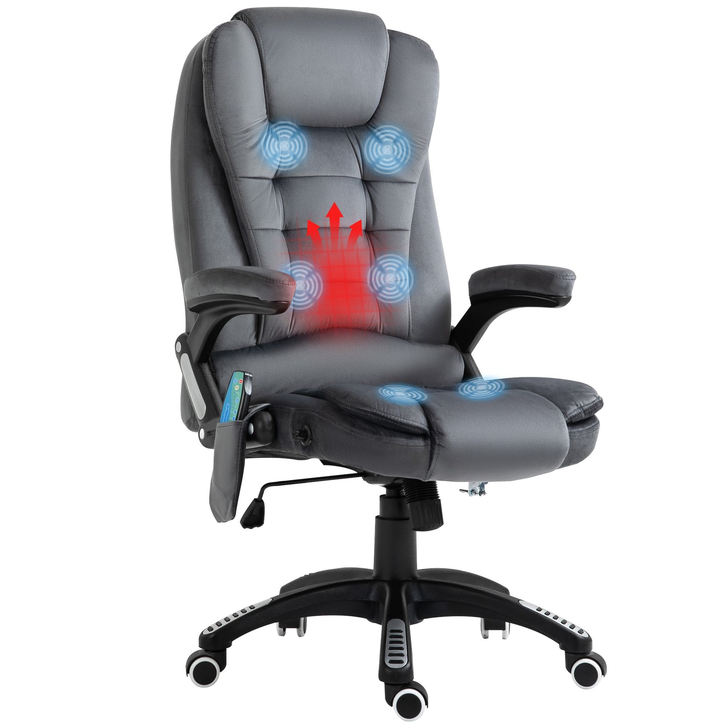 Heated Massage Recliner Office Chair | 6 Point Massage | Velvet-Feel Fabric | 130° Recline | 360° Swivel | Height Adjustable 107-116cm | 120kg | Grey