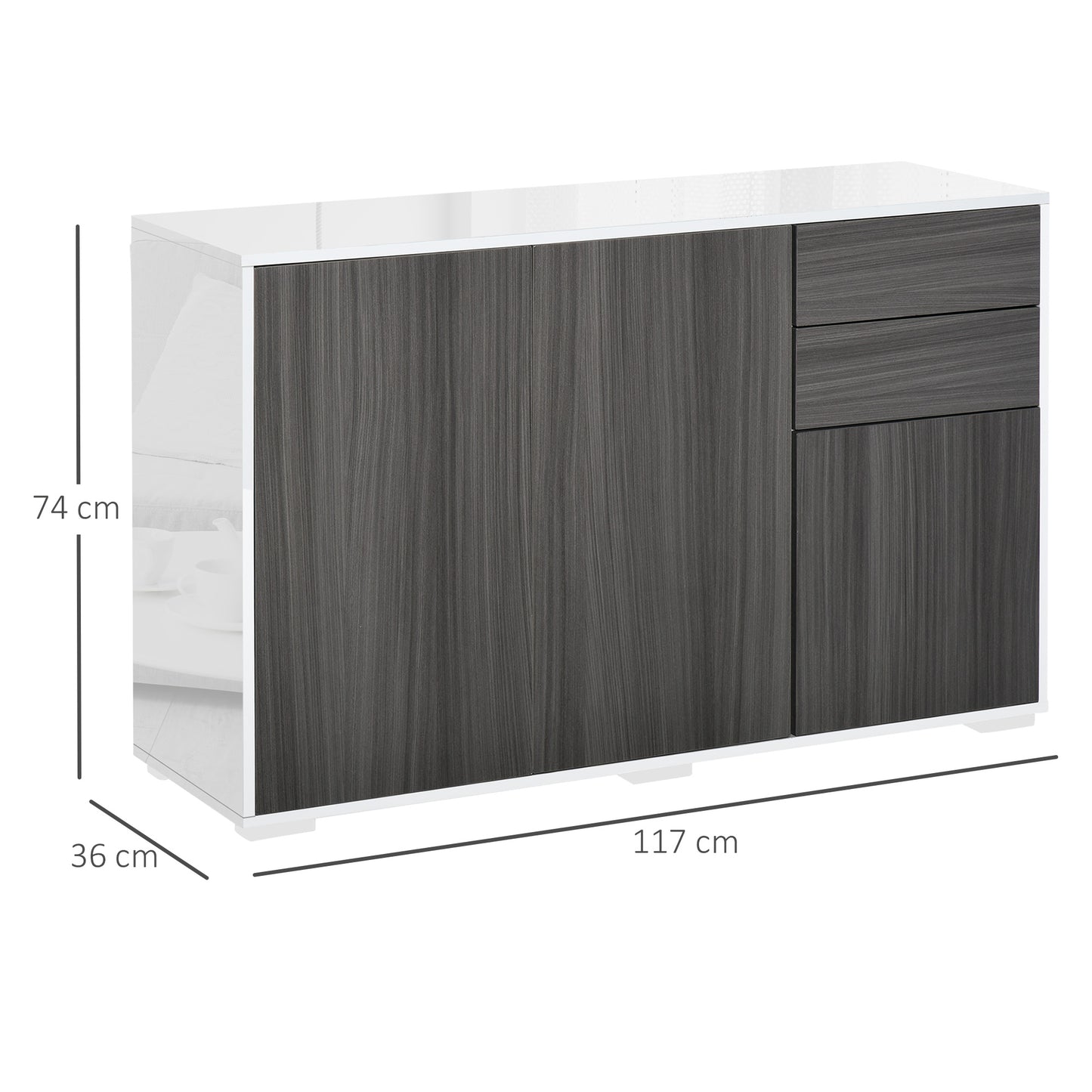 High Gloss Sideboard, Side Cabinet, Push-Open Design with 2 Drawer for Living Room, Bedroom, Light Grey and White