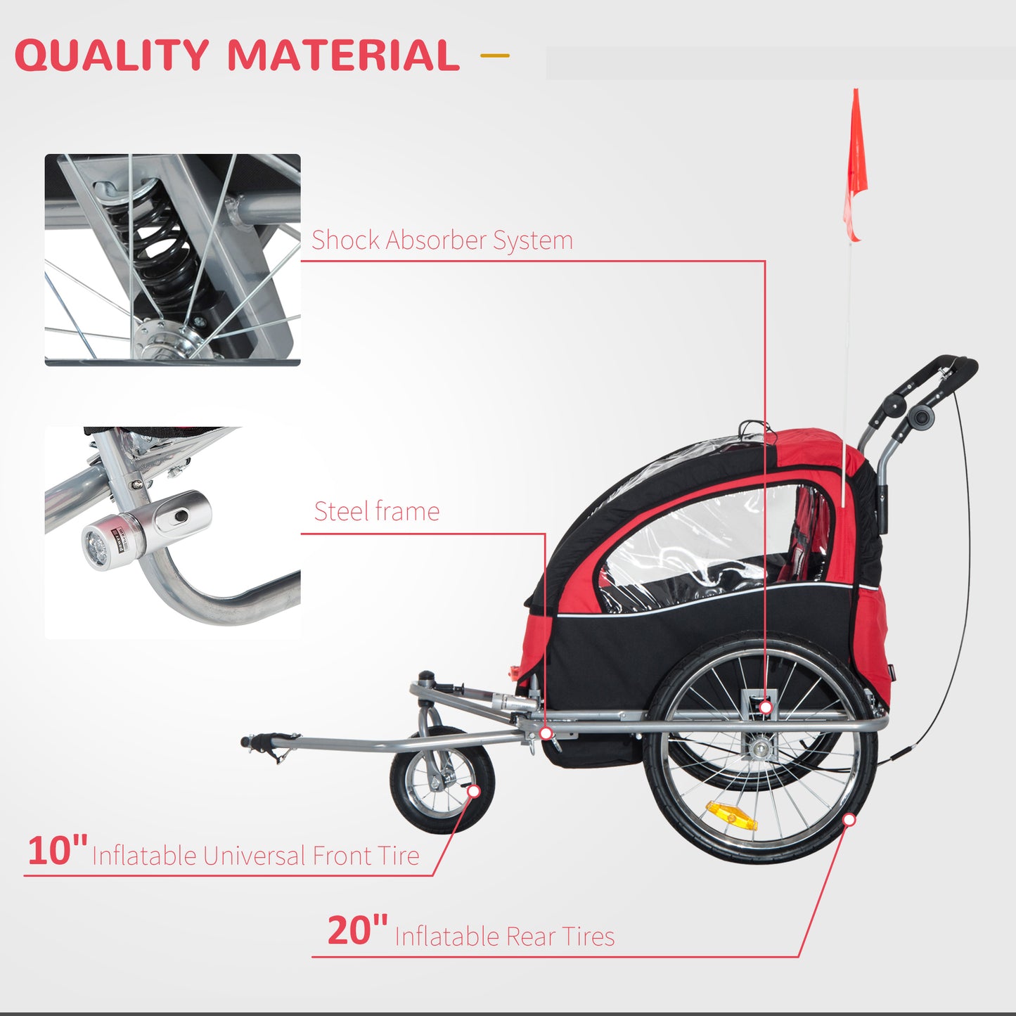 Bike Trailer 2-Seater for Bicycle Baby Child Carrier in Steel Frame (Black and Red)