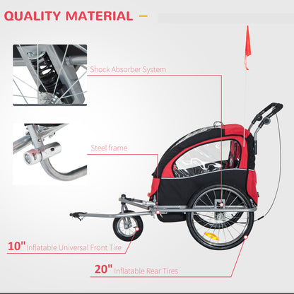 Bike Trailer 2-Seater for Bicycle Baby Child Carrier in Steel Frame (Black and Red)