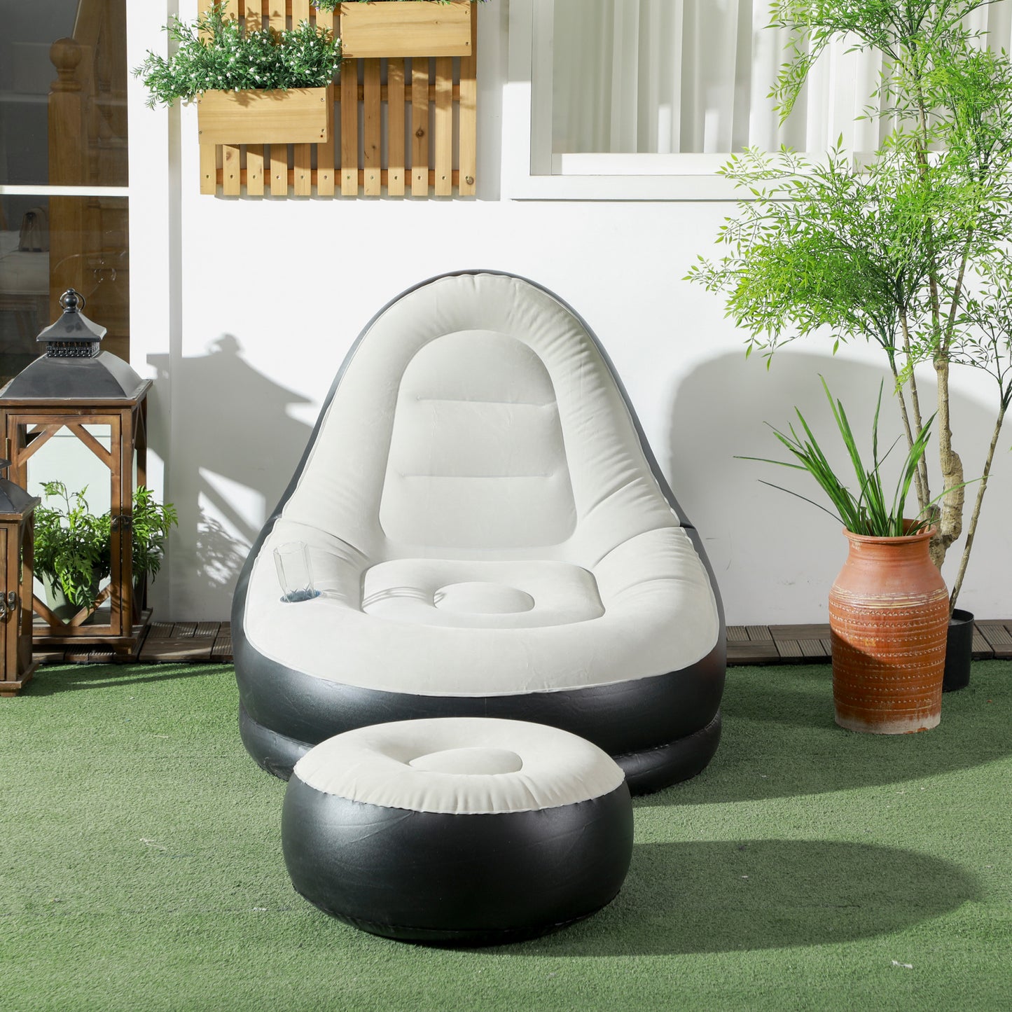 Outsunny Inflatable Sofa Chair and Foot Stool Set with Cup Holder, for Gaming, Reading and Movie Watching, Grey