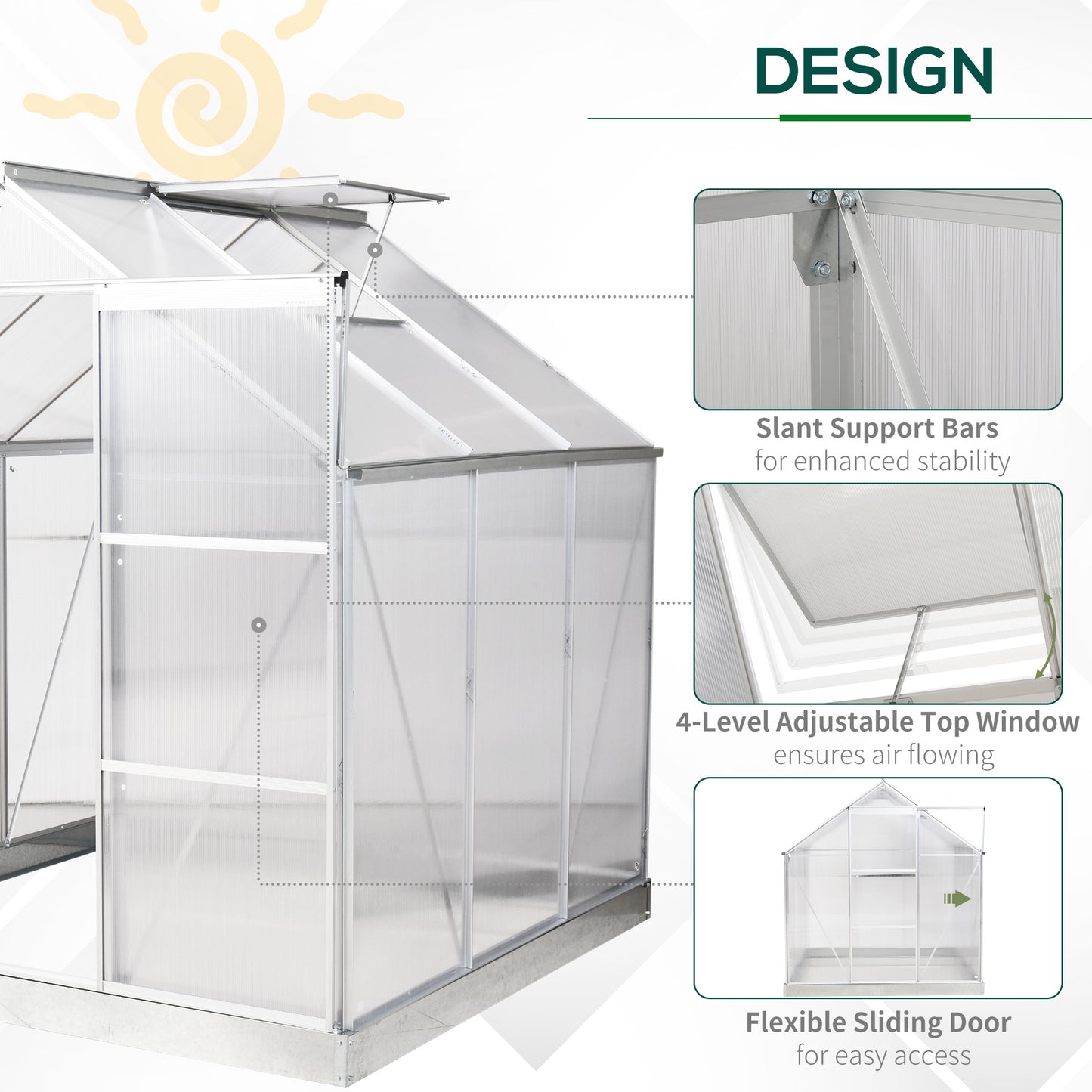 Outsunny 6 x 6 ft Walk-In Greenhouse Polycarbonate Greenhouse Grow House w/ Aluminium Frame, Sliding Door, Adjustable Window
